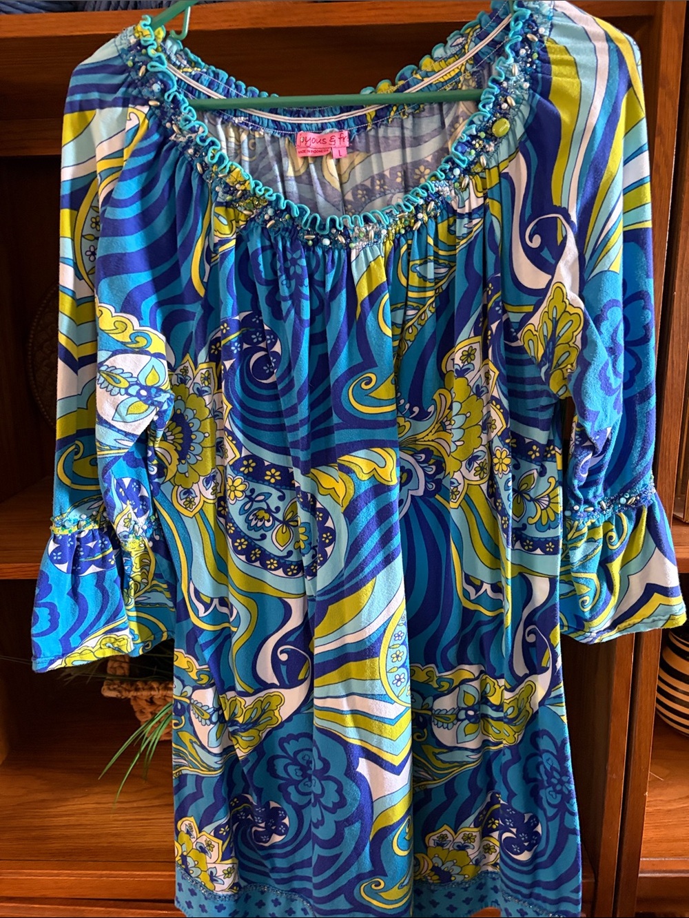 Women's Blue & Yellow Paisley Off-Shoulder Dress